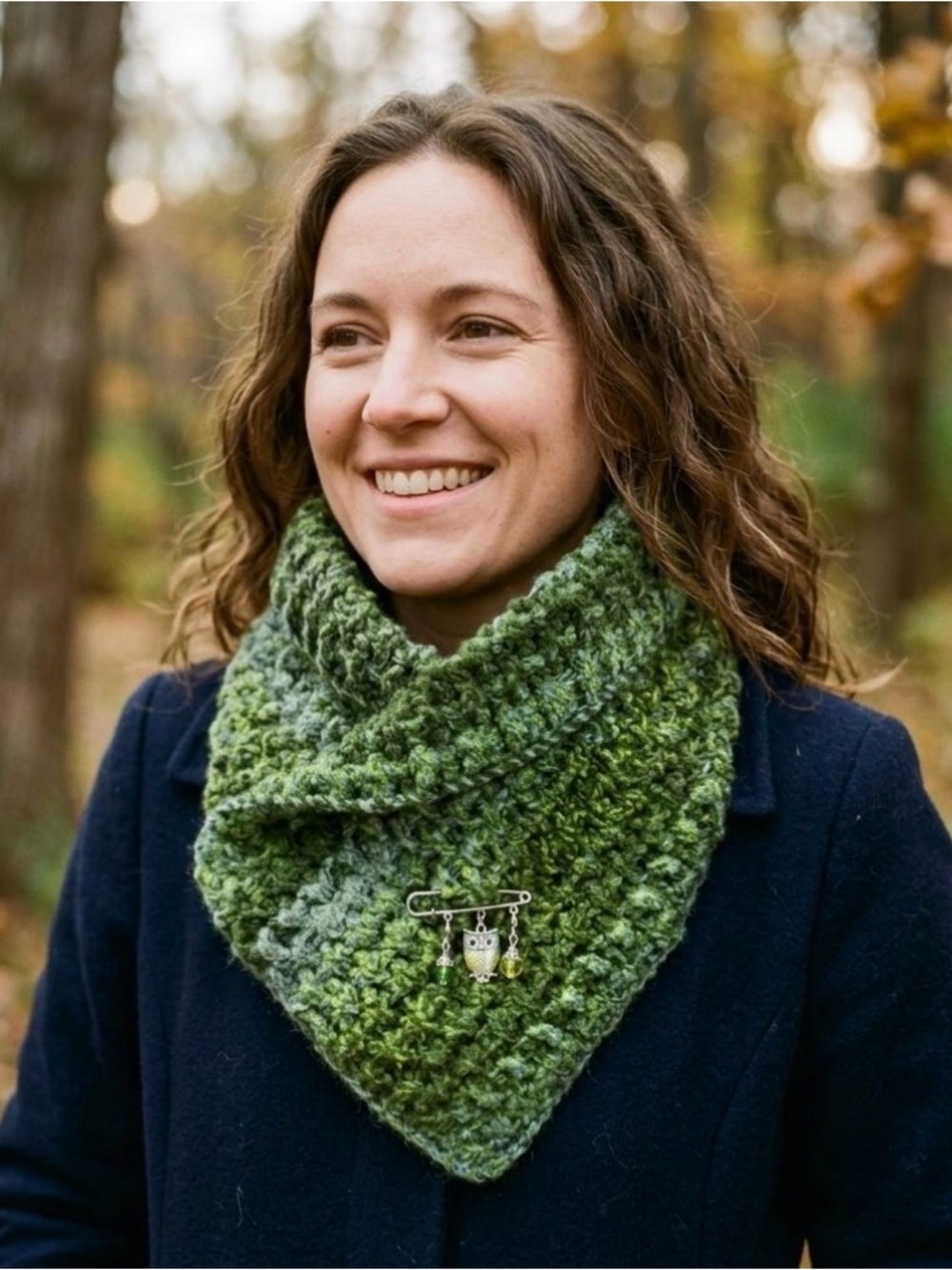 Handmade Green Crocheted Neckwarmer with Owl Charm NWT